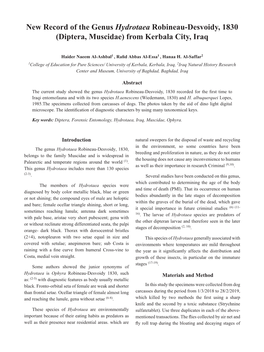 New Record of the Genus Hydrotaea Robineau-Desvoidy, 1830 (Diptera, Muscidae) from Kerbala City, Iraq
