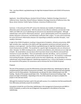 Title: Low Dose Whole Lung Radiotherapy for High Risk Intubated Patients with COVID-19 Pneumonia and ARDS