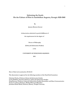 On the Culture of Print in Antebellum Augusta, Georgia 1828-1860