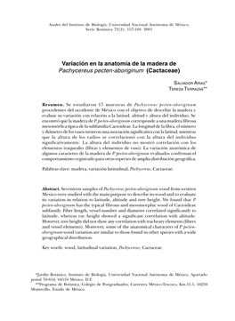 Variación En La Anatomía De La Madera De Pachycereus Pecten-Aboriginum (Cactaceae)