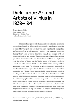 Dark Times: Art and Artists of Vilnius in 1939–1941