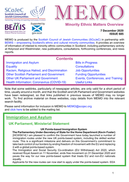 MEMO Is Produced by the Scottish Council of Jewish Communities (Scojec) in Partnership with BEMIS – Empowering Scotland's Ethnic and Cultural Minority Communities