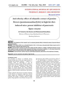 Anti-Obesity Effect of Ethanolic Extract of Jasmine Flowers (Jasminumsambac(L)Ait) in High-Fat Diet- Induced Mice: Potent Inhibitor of Pancreatic Lipase Enzyme