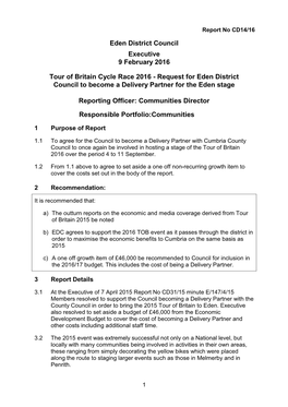 Tour of Britain Cycle Race 2016 - Request for Eden District Council to Become a Delivery Partner for the Eden Stage