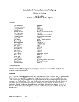 Alameda Creek Fisheries Restoration Workgroup Minutes of Meeting March 5, 2003 Alameda County Public Works Agency