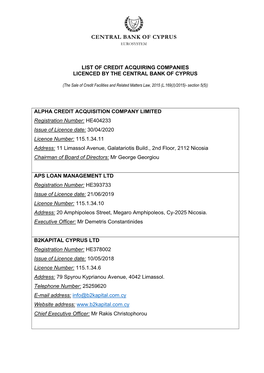 List of Credit Acquiring Companies Licenced by the Central Bank of Cyprus