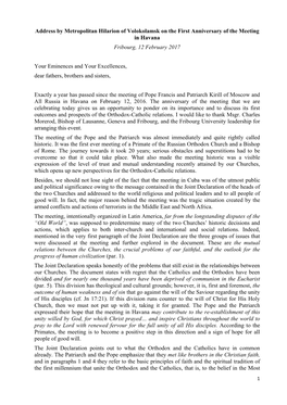 Address by Metropolitan Hilarion of Volokolamsk on the First Anniversary of the Meeting in Havana Fribourg, 12 February 2017