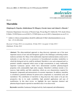 Molecules 2013, 18, 9049-9060; Doi:10.3390/Molecules18089049 OPEN ACCESS Molecules ISSN 1420-3049 Review Marrubiin