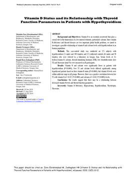 Vitamin D Status and Its Relationship with Thyroid Function Parameters in Patients with Hypothyroidism