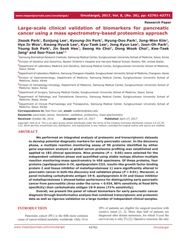 Large-Scale Clinical Validation of Biomarkers for Pancreatic Cancer Using a Mass Spectrometry-Based Proteomics Approach