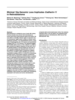 Minimal 16Q Genomic Loss Implicates Cadherin-11 in Retinoblastoma