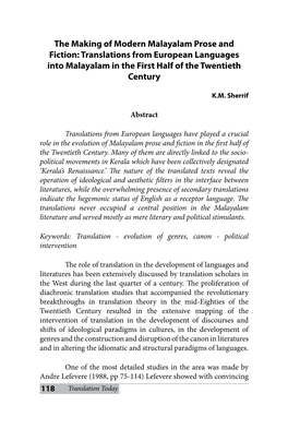 The Making of Modern Malayalam Prose and Fiction: Translations from European Languages Into Malayalam in the First Half of the Twentieth Century