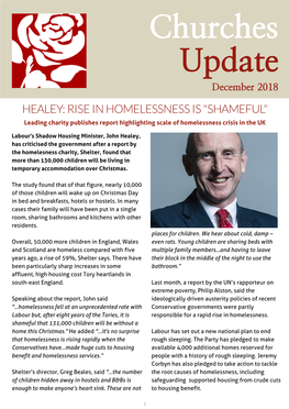 Churches Update December 2018 HEALEY: RISE in HOMELESSNESS IS 