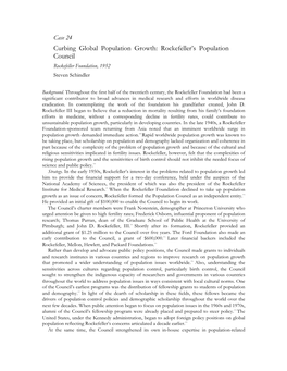 Case 24 Curbing Global Population Growth: Rockefeller’S Population Council Rockefeller Foundation, 1952 Steven Schindler