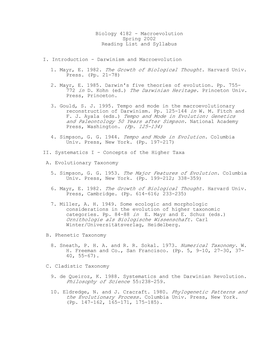 Macroevolution Spring 2002 Reading List and Syllabus I. Introduction