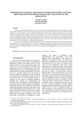 Immigrants' Economic and Social Integration in Host Country- from Preconceived Ideas to Real Life