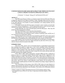 400 FARMER PARTICIPATORY RESEARCH (FPR) in the NIPPON FOUNDATION CASSAVA PROJECT in HAINAN PROVINCE of CHINA Li Kaimian1, Ye