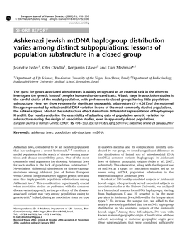Ashkenazi Jewish Mtdna Haplogroup Distribution Varies Among Distinct Subpopulations: Lessons of Population Substructure in a Closed Group