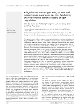 Aliagarivorans Marinus Gen. Nov., Sp. Nov. and Aliagarivorans Taiwanensis Sp