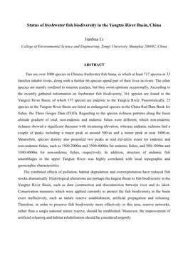 Status of Freshwater Fish Biodiversity in the Yangtze River Basin, China