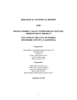 Biological Technical Report for Phase I Perris Valley