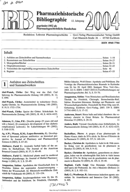 Pharmaziehistorische Bibliographie 12. Jahrgang 2004
