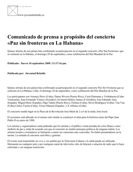 Comunicado De Prensa a Propósito Del Concierto «Paz Sin Fronteras En La Habana»