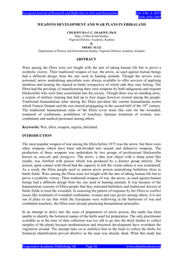 WEAPONS DEVELOPMENT and WAR PLANS in EBIRALAND & ABSTRACT Wars Among the Ebira Were Not Fought with the Aim of Taking Human