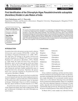 First Identification of the Chlorophyte Algae Pseudokirchneriella Subcapitata (Korshikov) Hindák in Lake Waters of India