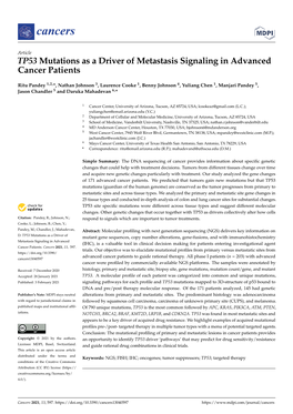 TP53 Mutations As a Driver of Metastasis Signaling in Advanced Cancer Patients