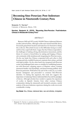 Becoming Sino-Peruvian: Post-Indenture Chinese in Nineteenth-Century Peru