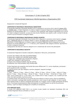 Comitato Regionale Abruzzo Comunicato N° 13 Del 10 Aprile 2021 STR Fuoristrada Vademecum Attività Agonistica E Organizzativa 2