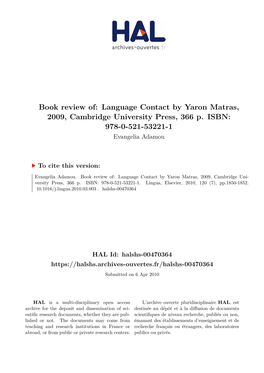 Book Review Of: Language Contact by Yaron Matras, 2009, Cambridge University Press, 366 P