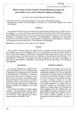 Observations Sur Des Acariens (Acari) Infestant Les Ruches De Apis Mellifel'a Race Cal'nica (Insecta Apidae) De Belgique