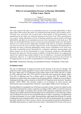 Effect of Accommodation Pressure on Housing Affordability in Ikeja, Lagos, Nigeria