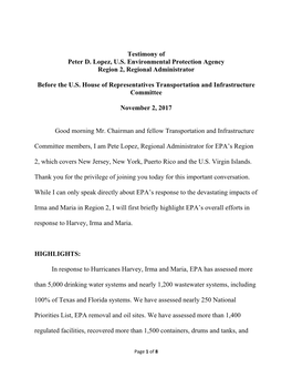 Testimony of Peter D. Lopez, U.S. Environmental Protection Agency Region 2, Regional Administrator