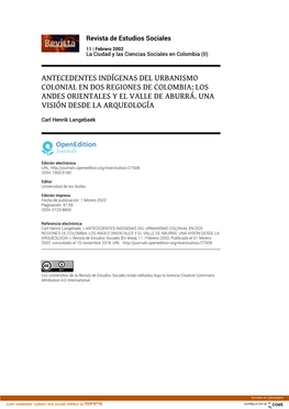 Antecedentes Indígenas Del Urbanismo Colonial En Dos Regiones De Colombia: Los Andes Orientales Y El Valle De Aburrá