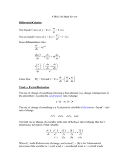 ATMS 310 Math Review Differential Calculus the First Derivative of Y = F(X)