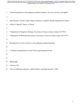 Serratia Symbiotica and Aphids 1 2 Julie Perreaua,B, Devki J. Patela