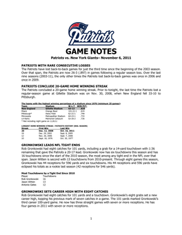 GAME NOTES Patriots Vs