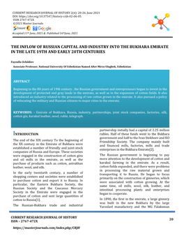 The Inflow of Russian Capital and Industry Into the Bukhara Emirate in the Late 19Th and Early 20Th Centuries