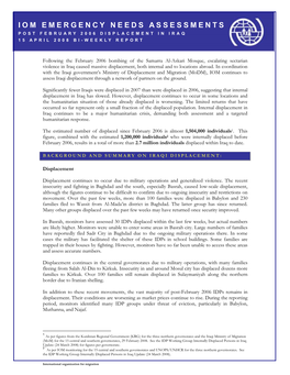 Iom Emergency Needs Assessments Post February 2006 Displacement in Iraq 15 April 2008 Bi-Weekly Report
