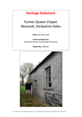 Heritage Statement Former Quaker Chapel, Monyash, Derbyshire Dales