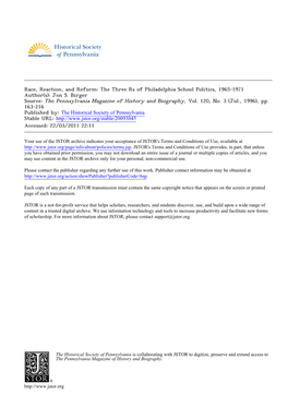 Race, Reaction, and Reform: the Three Rs of Philadelphia School Politics, 1965-1971 Author(S): Jon S