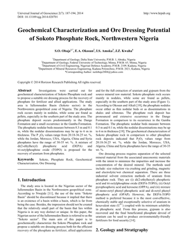 Geochemical Characterization and Ore Dressing Potential of Sokoto Phosphate Rock, Northwestern Nigeria