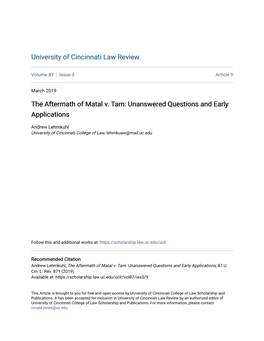 The Aftermath of Matal V. Tam: Unanswered Questions and Early Applications