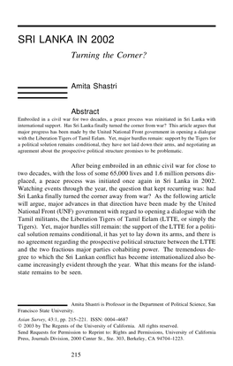 Sri Lanka in 2002: Turning the Corner?