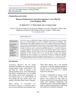 Biomass Production in Auricularia Spp.(Jew S Ear) Collected from Manipur, India