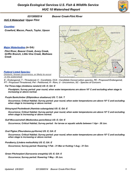 Georgia Ecological Services U.S. Fish & Wildlife Service HUC 10