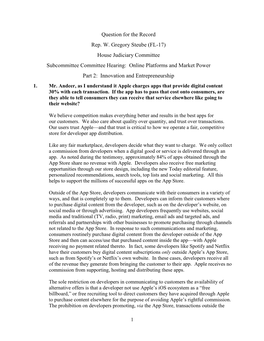 House Judiciary Committee Subcommittee Committee Hearing: Online Platforms and Market Power Part 2: Innovation and Entrepreneurship 1